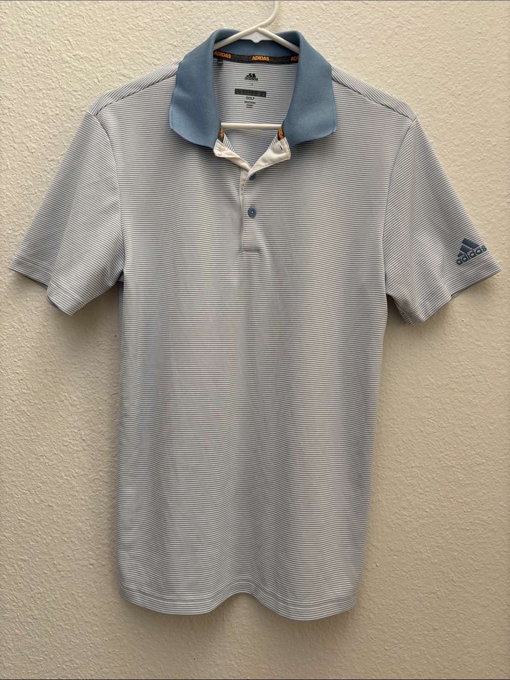 adidas Men’s Light Blue Micro-Striped Golf Polo with Blue Collar